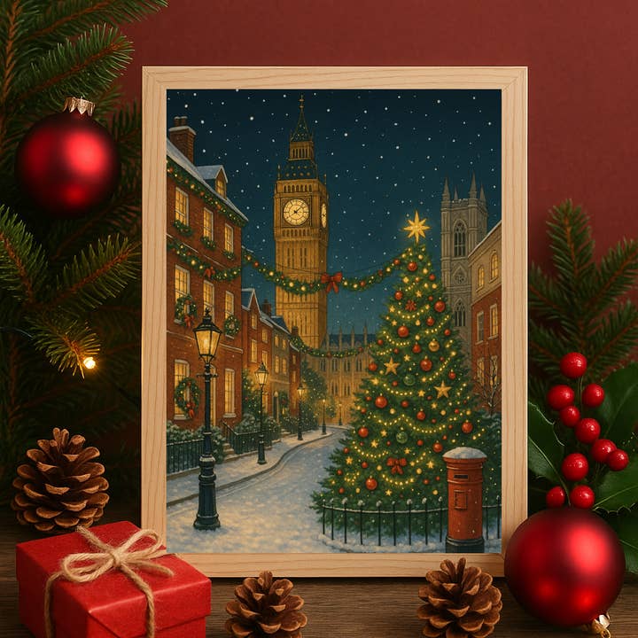 London Christmas Street Wall Art – Big Ben Holiday Tree Print for wholesale by WinsterCreations™