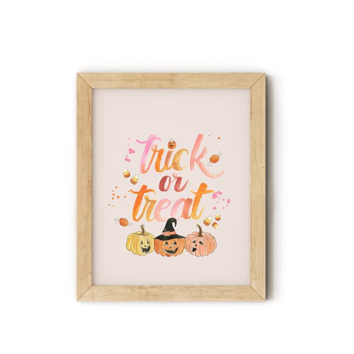 KelseyMDesigns – wholesale Art print – Watercolor Trick or Treat Pumpkins - Fall Halloween Wall Art