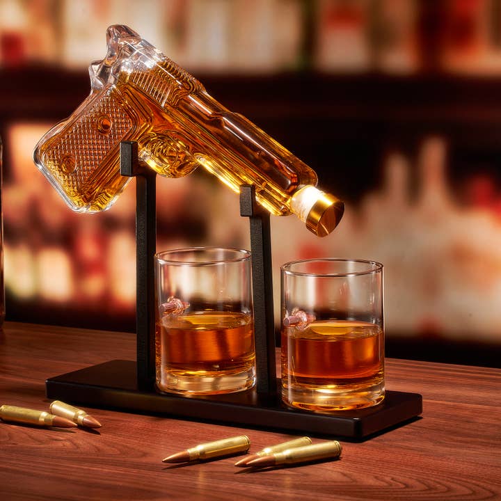 The Wine Savant / Khen Glassware - Wholesale Decanter - Pistol Whiskey Decanter Set 7.7 Oz with Two 10.5 Oz Glasses
