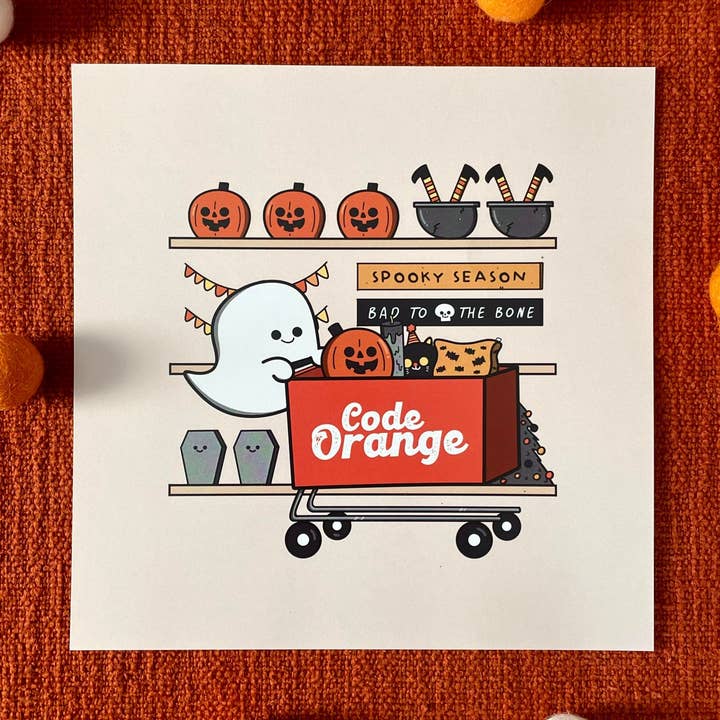 Code Orange Halloween Print | Cute Halloween Decor | Cute Ghost Print | Halloween Shopping Print for wholesale by Spooky Shake Studios