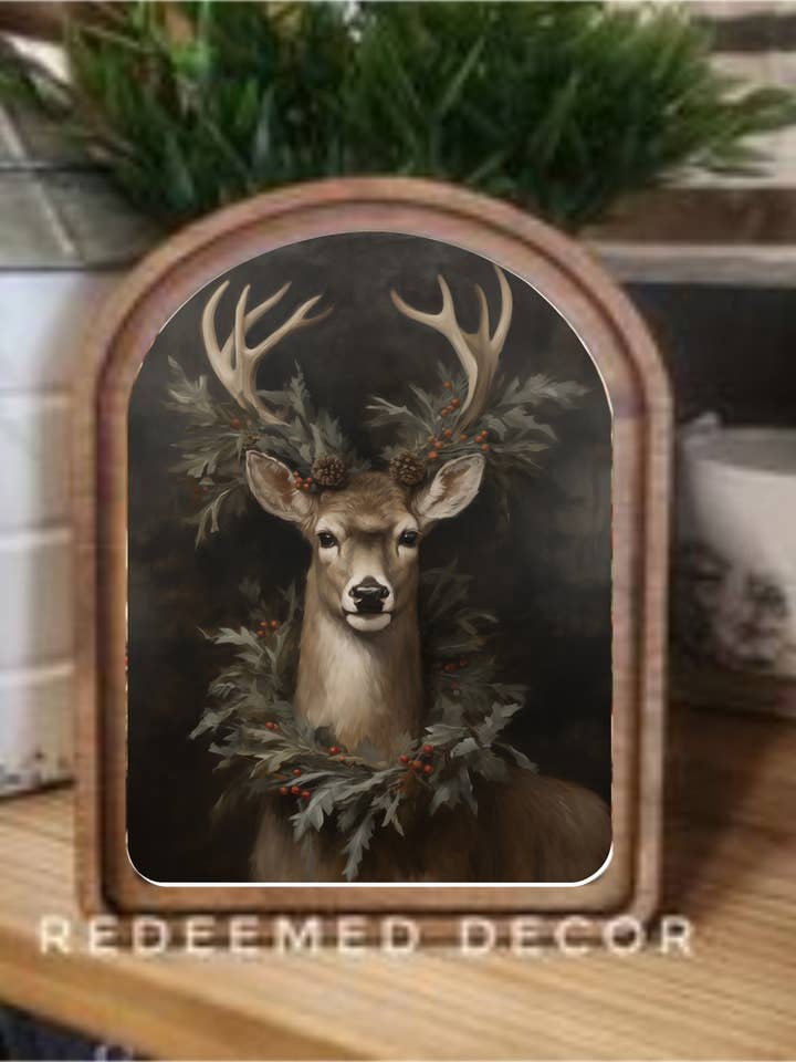 Arch Top Wreath Deer Framed Art for wholesale by Redeemed Decor