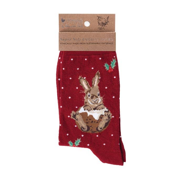 Christmas Sock - Christmas Pudding Bunny - Red for wholesale by Wrendale Designs