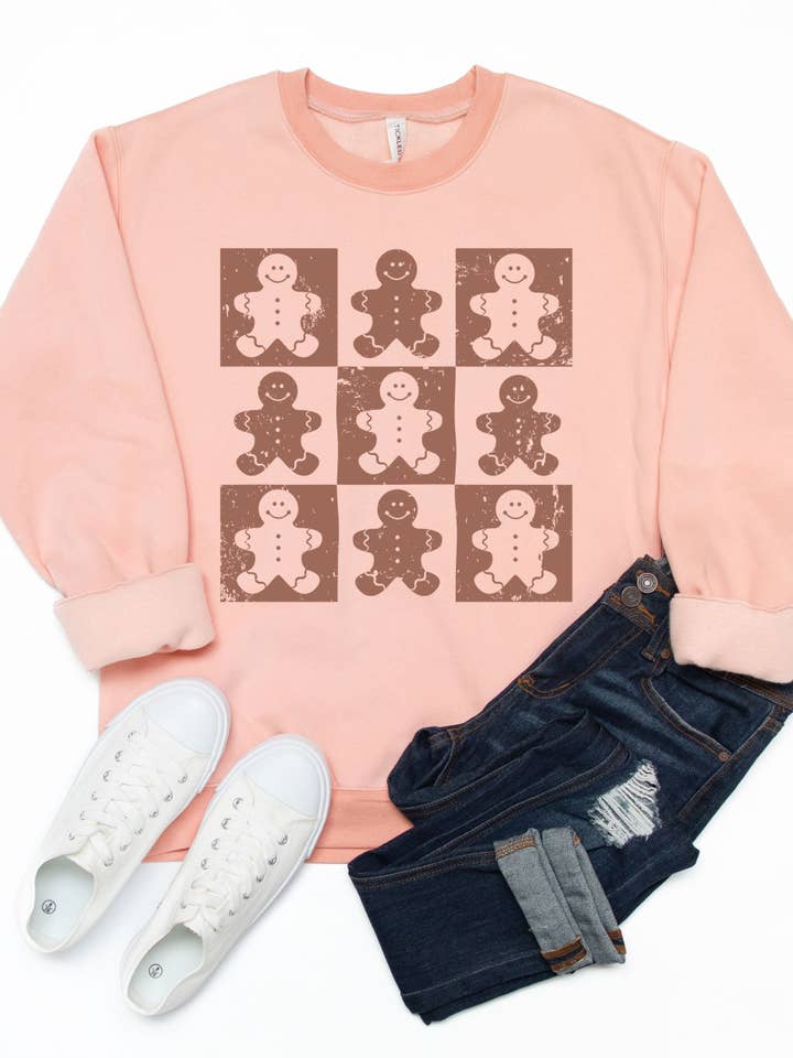 Sweatshirt mit Gingerbread Man Checkers Grafikmuster für den Großhandel von Tickled Teal