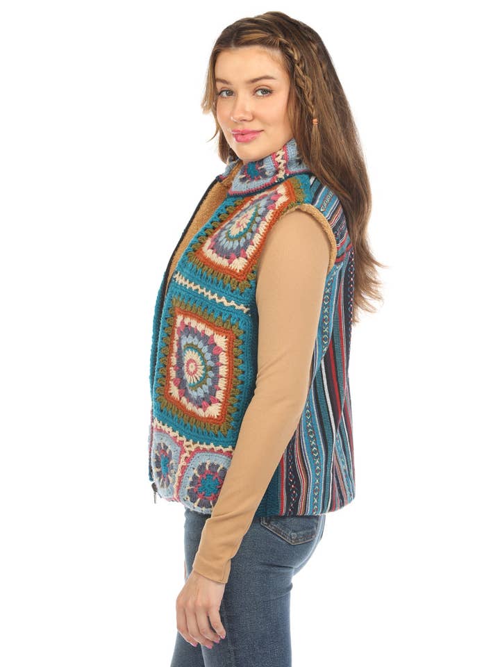 Lakhays Collection Inc. - Vente Veste sans manches – femme - Gilet doublé en polaire Mandala au crochet