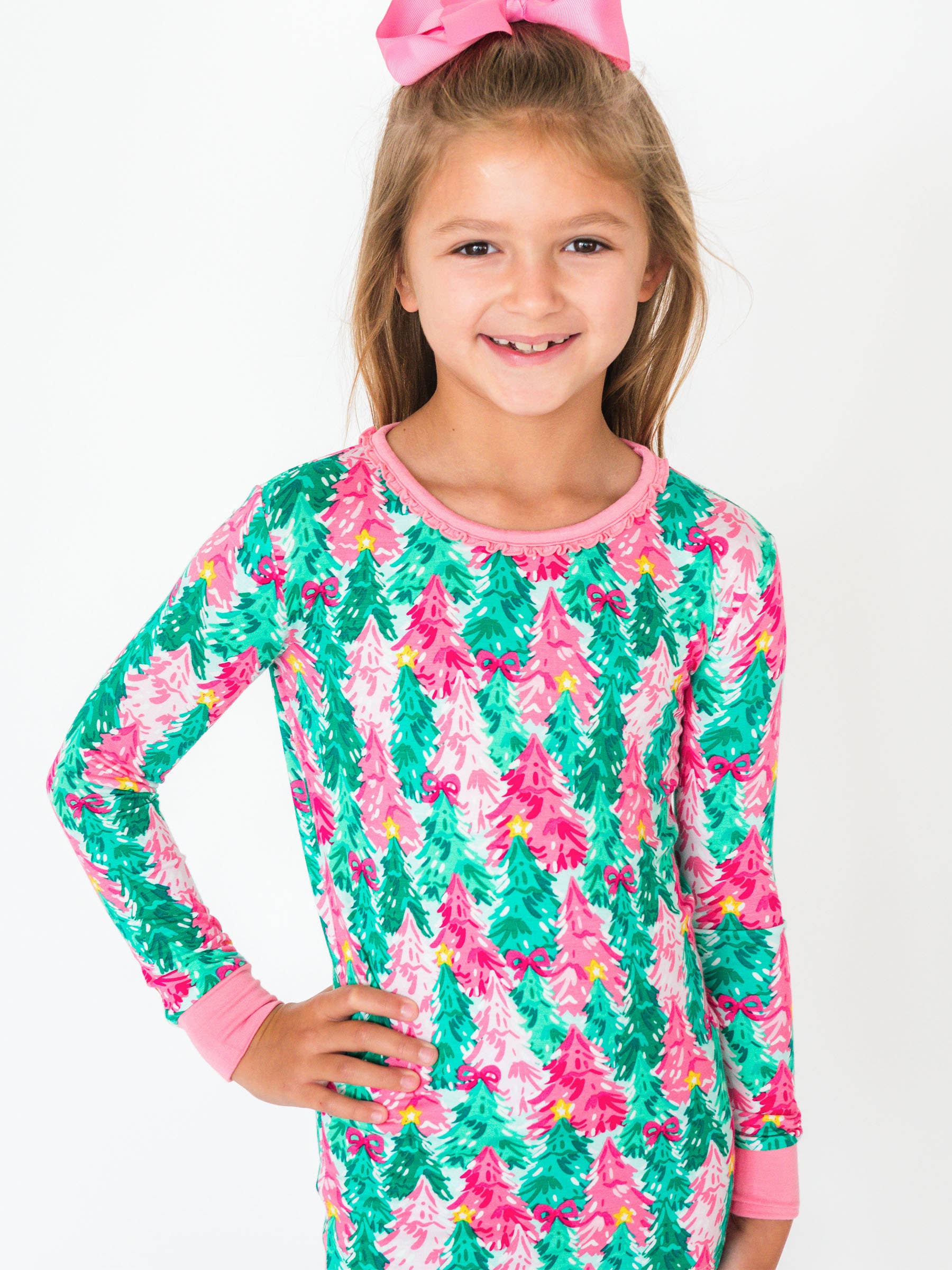 SoftSnooze™ Girls Bamboo Viscose Pink Jolly Grove Ruffle Long Sleeve Pajama Set for wholesale on Faire0