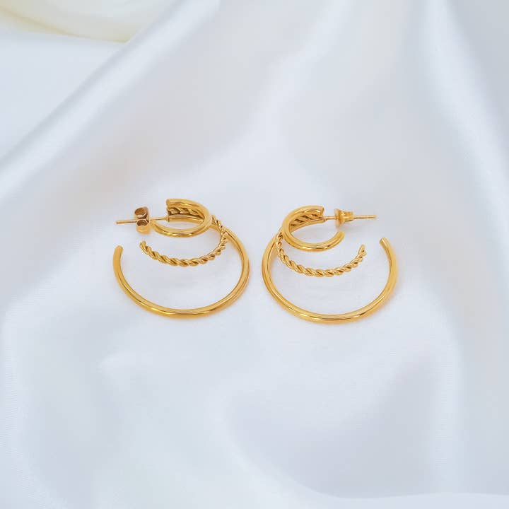 'Preya' Gold Triple Hoop Twisted Earrings for wholesale by Luluh Lane