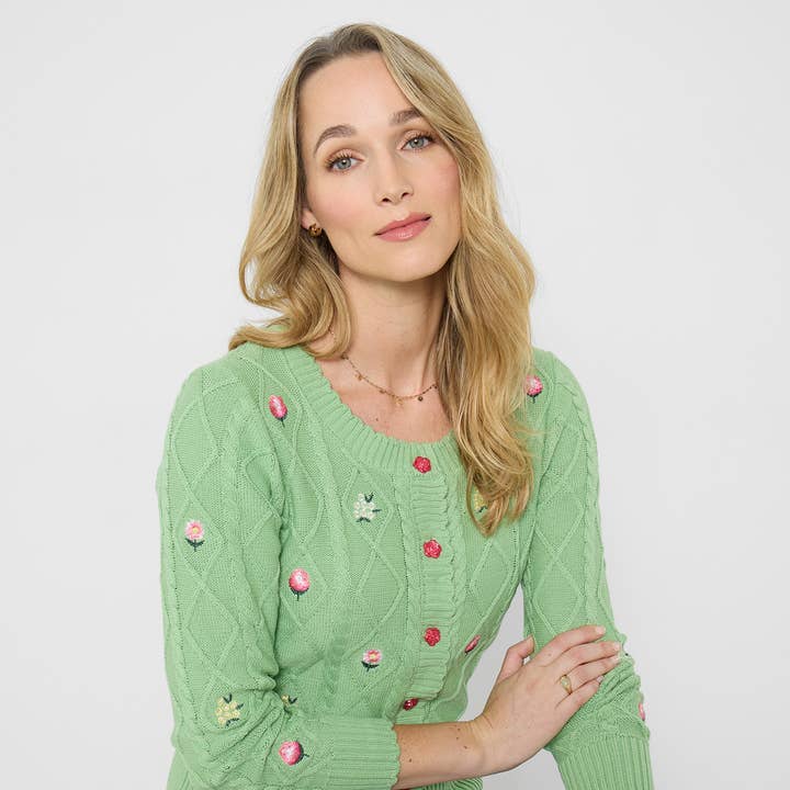 Penny Embroidered Floral Cable Knit Cardigan for wholesale by Joe Browns