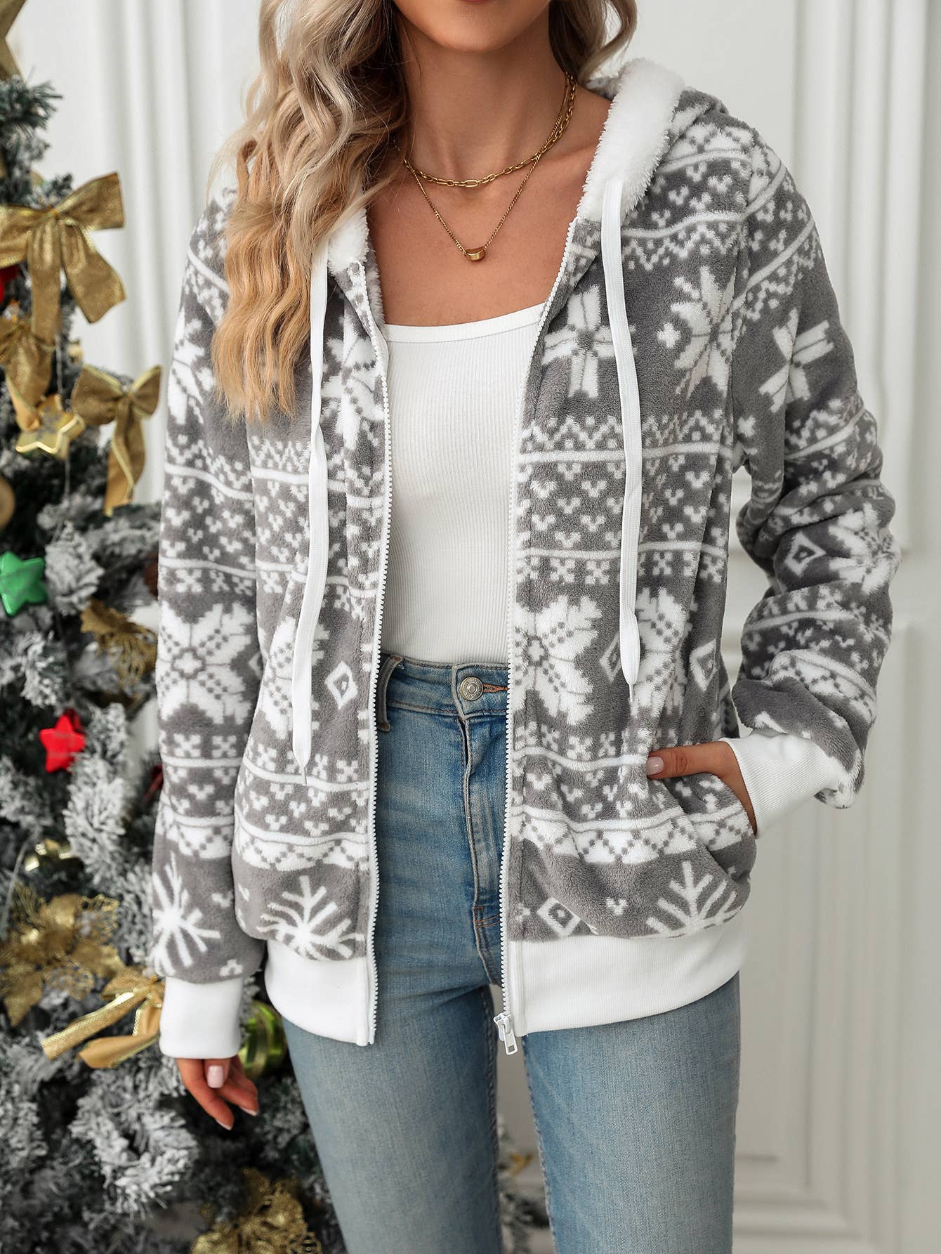 Gray Hooded cardigan Christmas print fleece coat for wholesale on Faire2