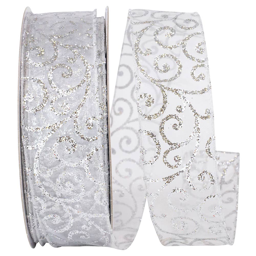 RELIANT RIBBON - Vente Ruban – emballage cadeau - Bordure filaire transparente à paillettes Swirl, argent, 1-1/2 po, 25 mètres0
