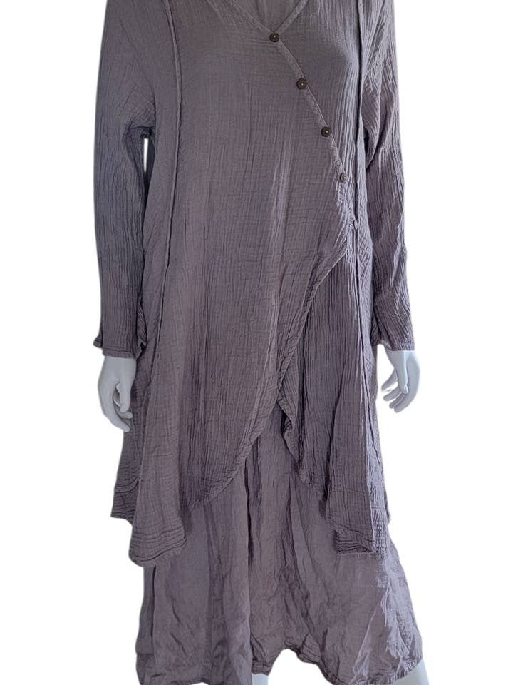 TD2590 Long Sleeve 2-Layered Diagonal Button Dress Mauve for wholesale by Evergreen Guardian Imports