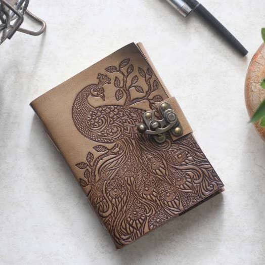 Peacock Embossed Leather Journal diary with 200 pages for wholesale by R K Handicrafts and Exporters
