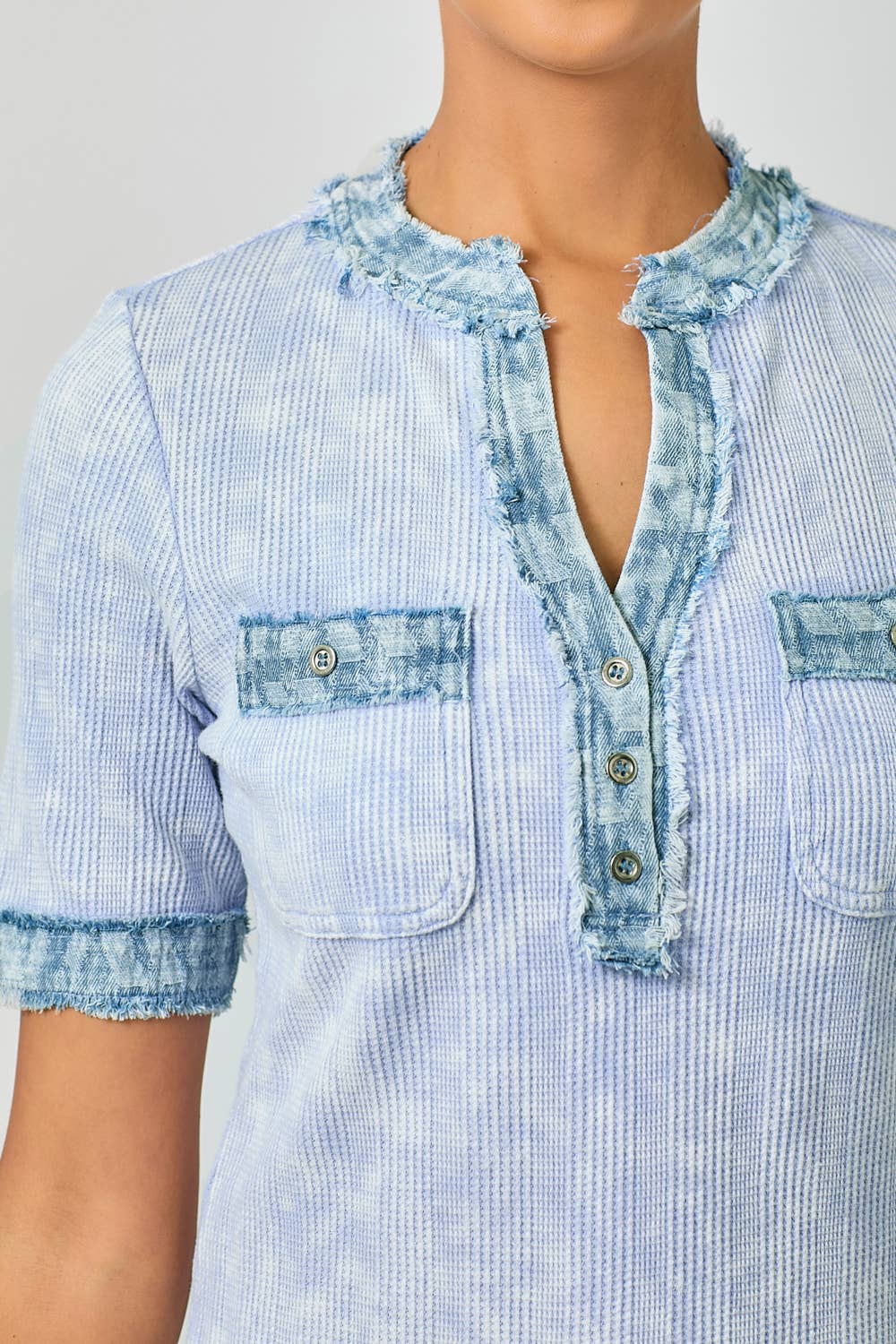 Mystree - Wholesale Blouse - Women's - 60981 Frayed Denim Trim Top 13