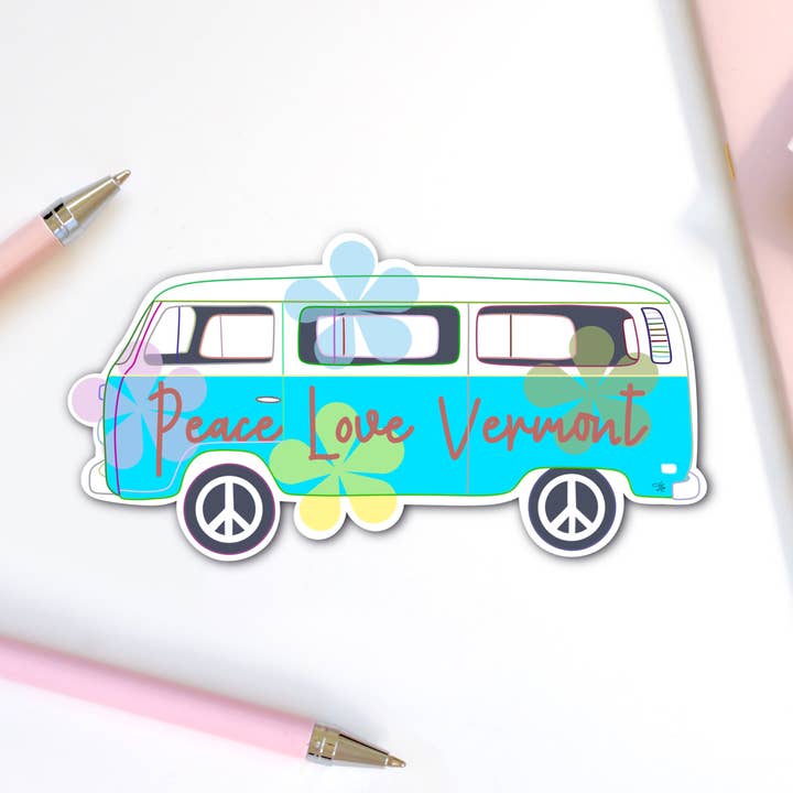 Peace, Love, Vermont Bus Sticker for wholesale by inkpaperfable