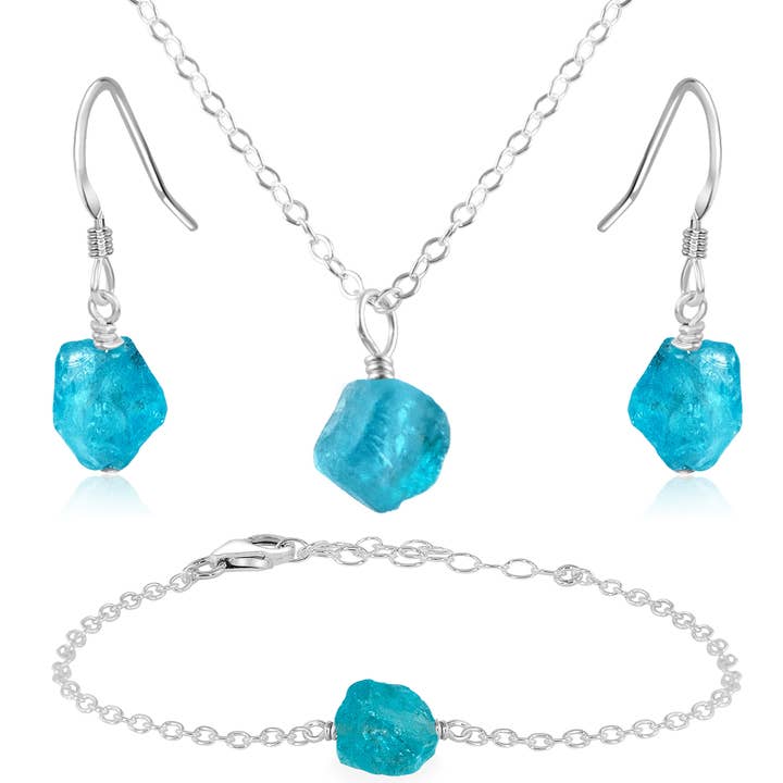 Ensemble de bijoux en cristal d'apatite brut pour la vente par Luna Tide