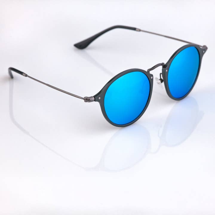 Hipster Sunnies - Vente Lunettes de soleil – unisexe - Lunettes de soleil Hipster - Road Tripper - Monture noire graphite - Verres bleu océan