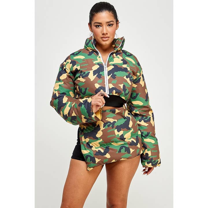 Camo Print Puff Padded Jacket Skirt Set for wholesale by DORCAS