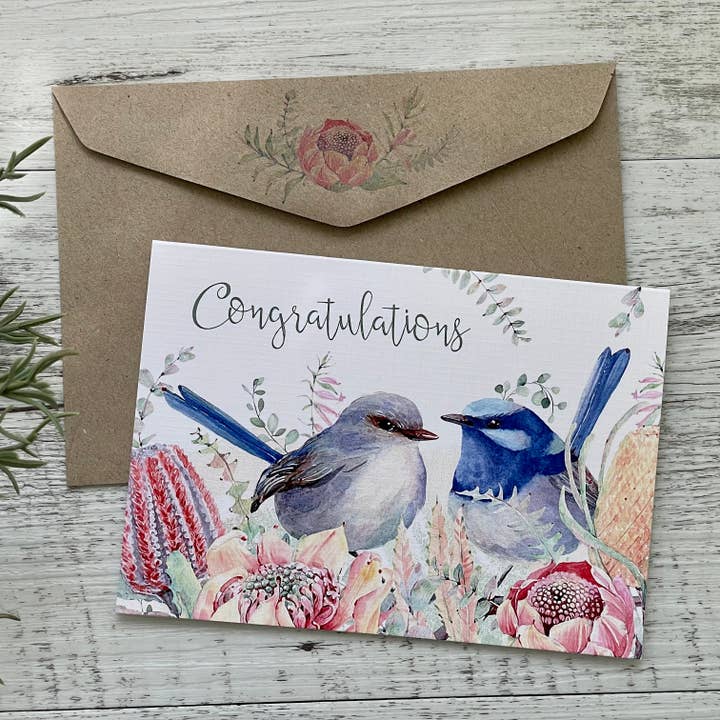 Scattered Seed Co - Wholesale Congratulations card - Superb Fairy Wren - Wedding/Engagement Card