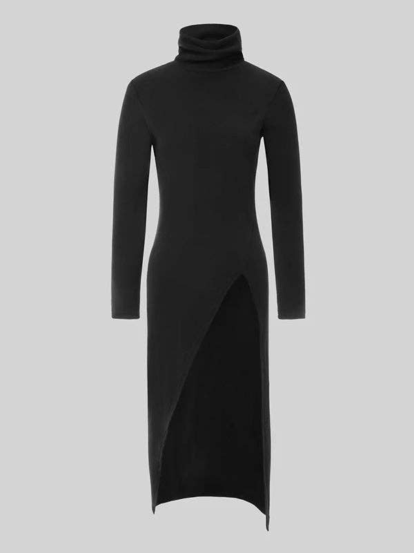 FurDecoration – Großhandel T-Shirt – Damen – Einfarbiges Skinny-Fit-T-Shirt mit hohem Kragen und geteilten Seiten12