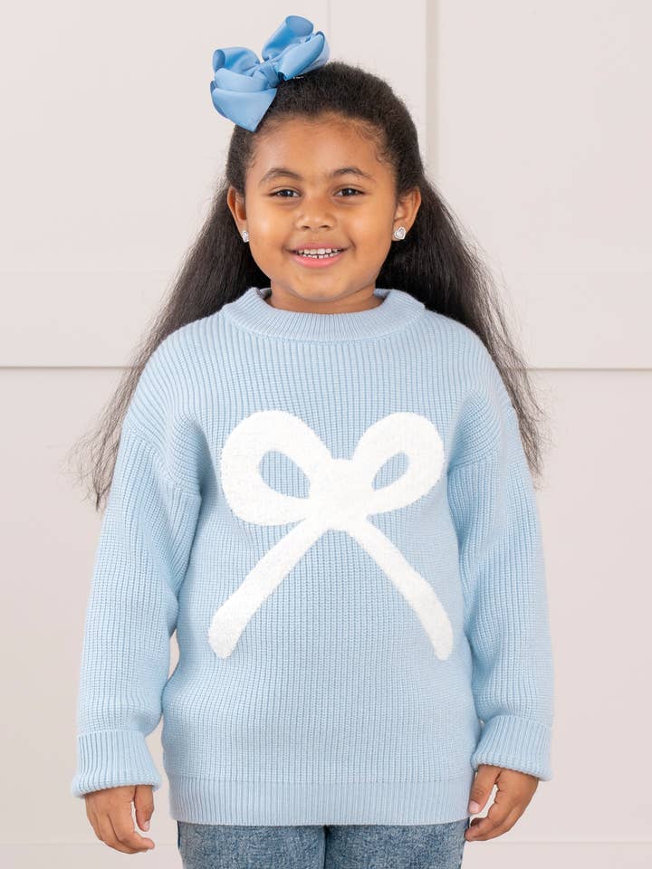 Marie Nicole Clothing - Wholesale Knit Sweater - Kids - Blue Knit Bow Sweater1