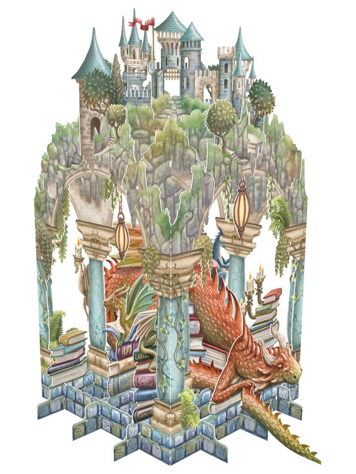 3D POPUP DRAGON READING GREETING CARD PAPER D'ART for wholesale by Notes & Queries, Inc.