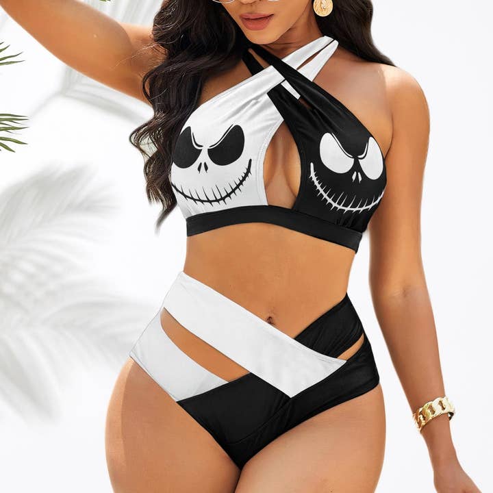 Sexig Wonder Skull Tryckt Baksida Bikini Med Halterneck för wholesale av Tourtiwi