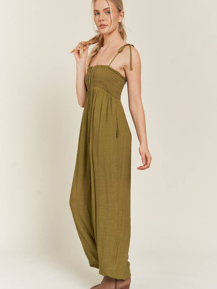 JADE BY JANE - Wholesale Jumpsuit - Women's - SMOCKED TIE STRAP JUMPSUIT JJS5014