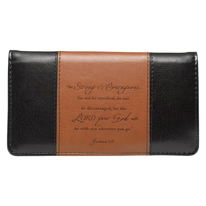 Checkbook Wallet Black/Brown Strong & Courageous Josh. 1:9 for wholesale by Christian Art Gifts