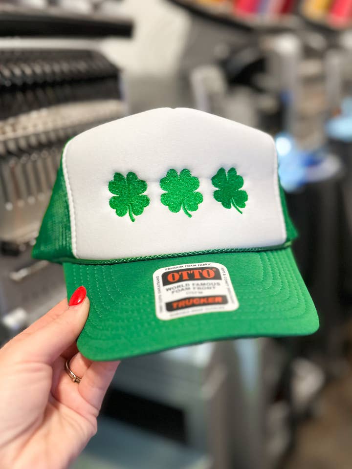 Lucky Clover Trio | Embroidered OTTO Foam Trucker Hat for wholesale by D&E Threads