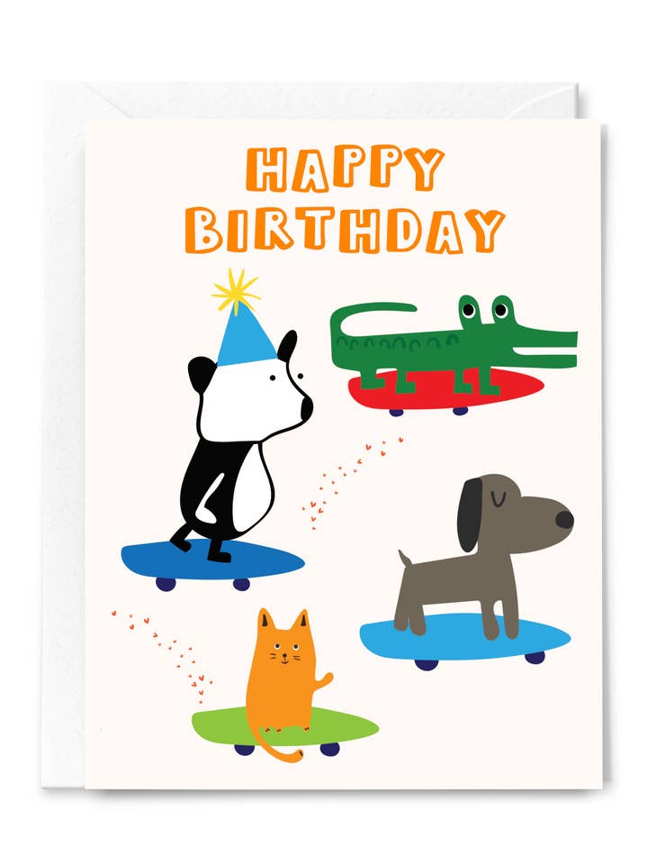 Happy Birthday Skateboarders Greeting Card Animals for wholesale by Happy Just Happy