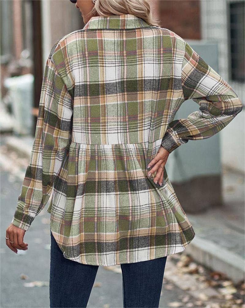 Rosa Clothing - Wholesale Button Down Shirt - Women's - Pocket long-sleeve plaid shirt jacket4