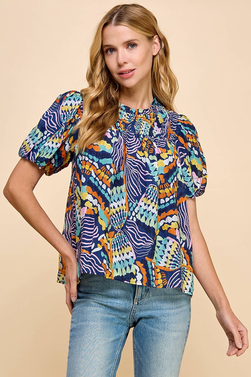 Blue CT8923-TCEC Printed Puff Sleeve Top  for wholesale on Faire1