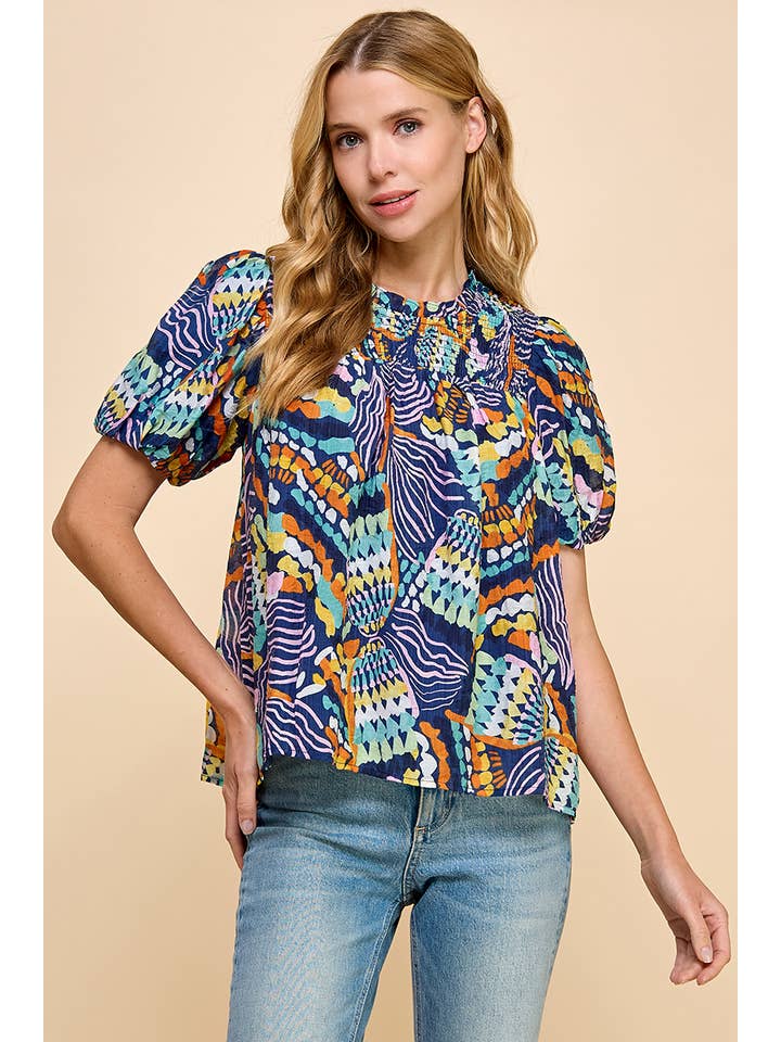 Blue CT8923-TCEC Printed Puff Sleeve Top for wholesale on Faire1