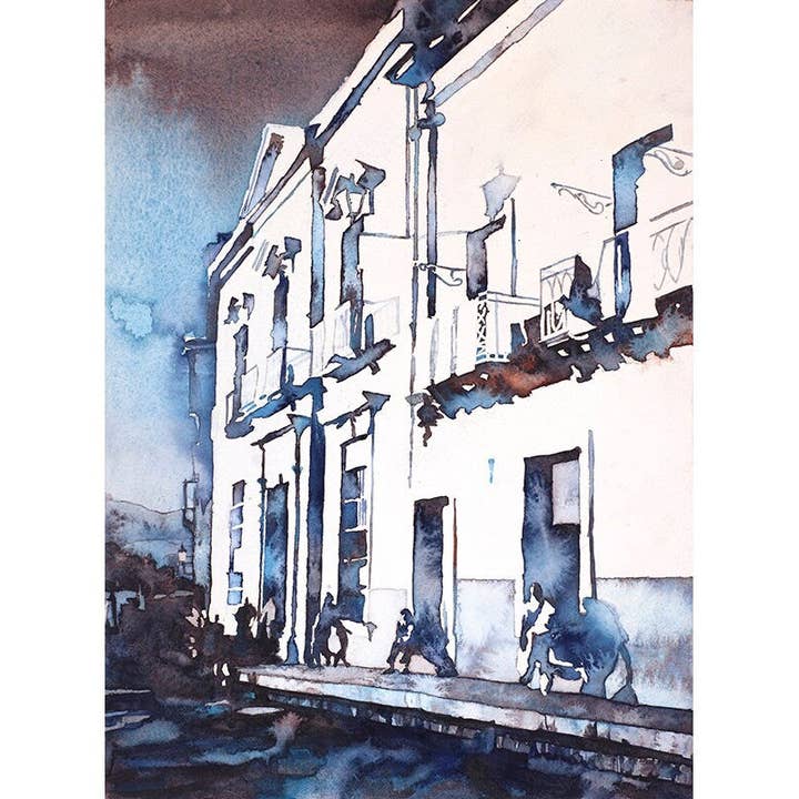 Guanajuato- Mexico fine art watercolor painting. Guanajuato art watercolor, street scene fine art blue watercolor home decor Mexico art (print) for wholesale by Ryan Fox Fine Art