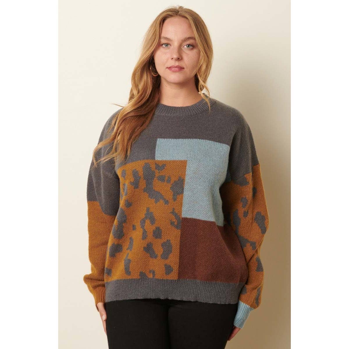mittoshop - Wholesale Knit Sweater - Women's - PLUS ANIMAL PRINT COLOR BLOCK SWEATER0