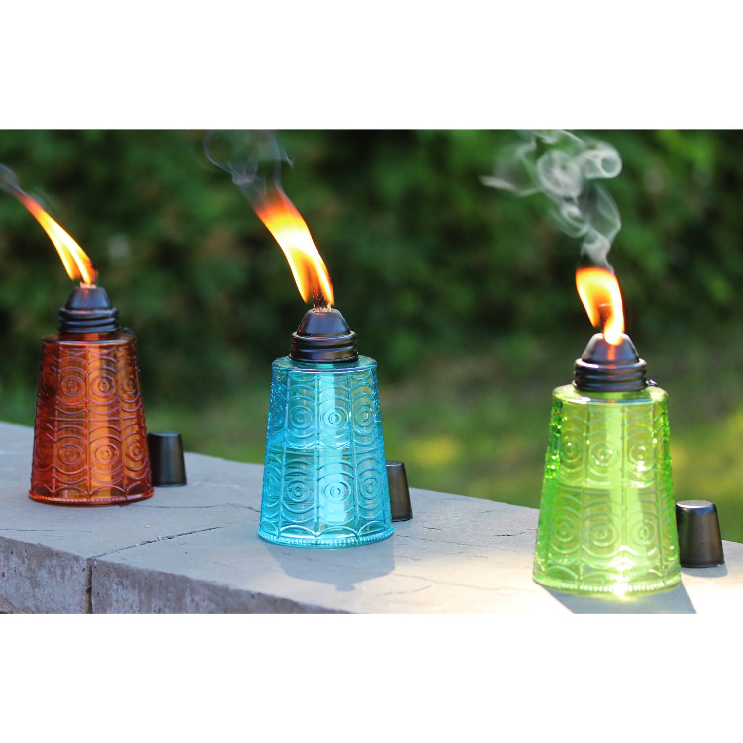 WholesaleMart - Wholesale Decorative Torch - 3pc Table Top Citronella Tiki Torches, Blue/Amber/Green2