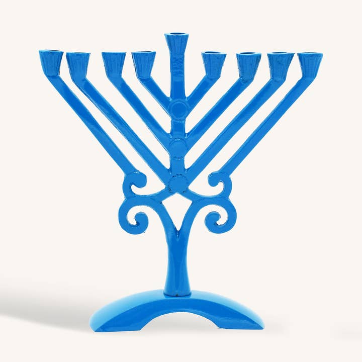 Candle Menorah - Blue - 6.5 Inch Rambam for wholesale by Ner Mitzvah