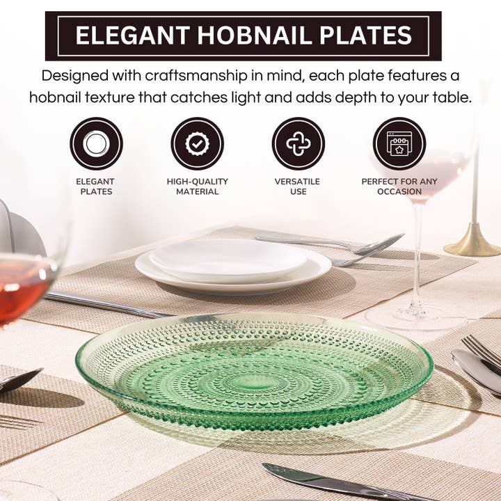 The Wine Savant / Khen Glassware - Wholesale Dinner plate - Glass Hobnail Dinner or Charger Plates | Set of 4 | Green2