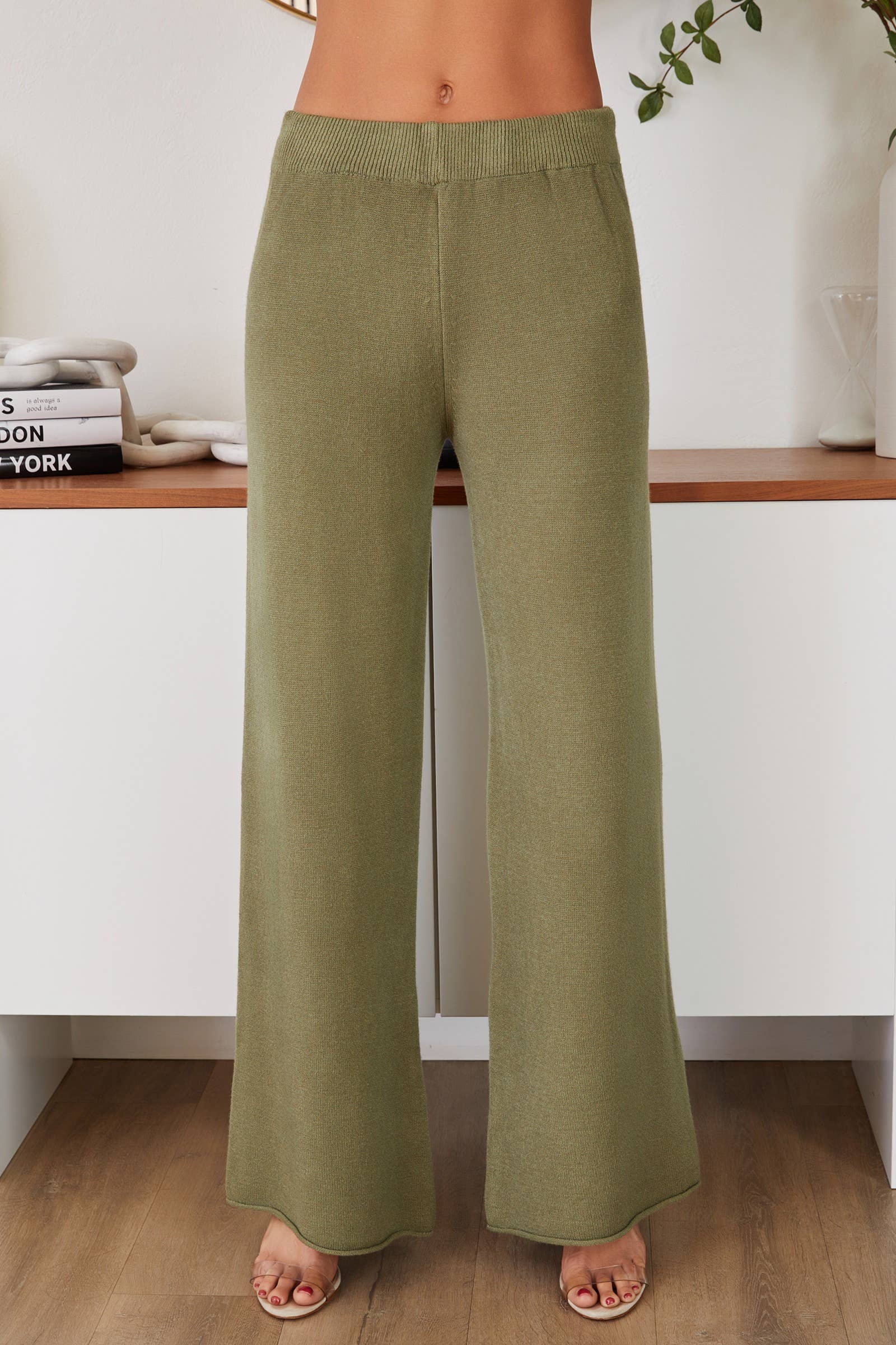 Army Green VISCOSE KNIT FLARED PANTS (27739/330106-ARMYGREEN) for wholesale on Faire0