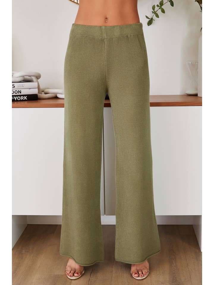 Army Green VISCOSE KNIT FLARED PANTS (27739/330106-ARMYGREEN) for wholesale on Faire