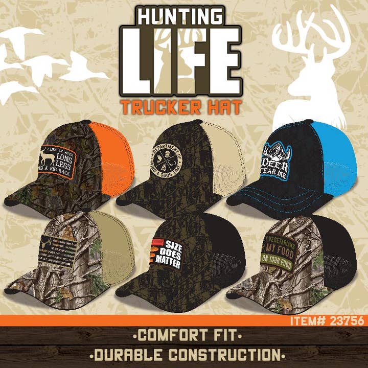Novelty Brands - Wholesale Trucker Hat - Unisex - Hunting Life Trucker Hat with Patch Assortment - 6/Display2