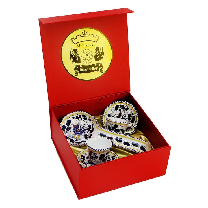 GIFT BOX: DeLuxe Glossy Red Gift Box with two Deruta Espresso Cup and Saucer and a Spoon Rest for wholesale by Artistica - Deruta of Italy