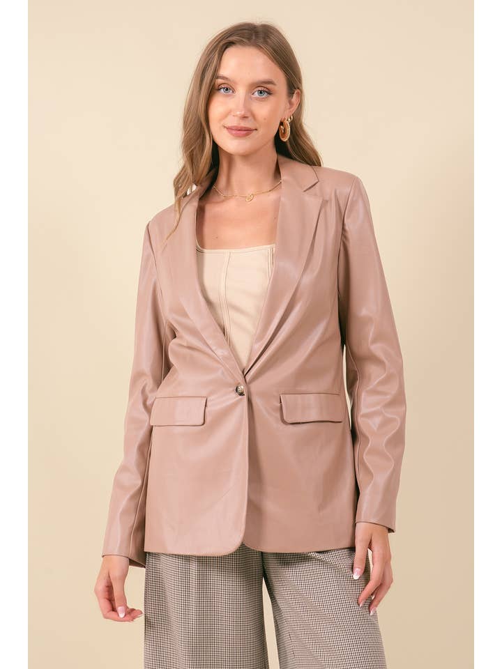 LATTE Notched Collar Faux Leather Boyfriend Blazer - 10597J for wholesale on Faire1