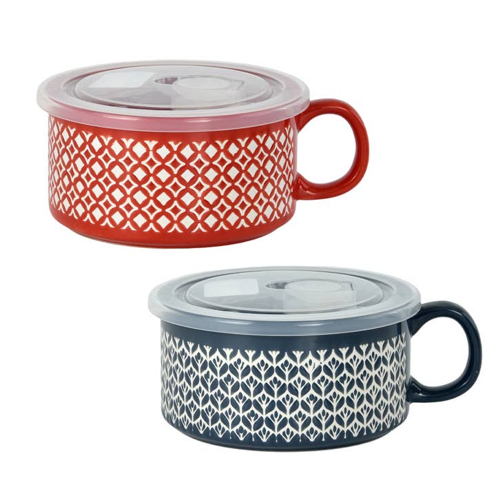 2PK 22oz Ceramic Soup Bowls with Handles & Lids,Red & Navy for wholesale by ARTONUSA