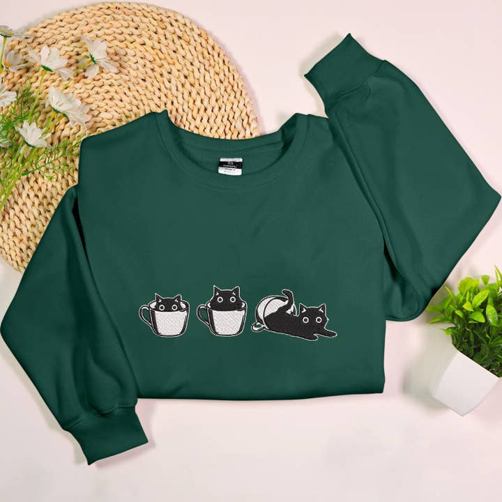 Black Cat Emote Embroidery Sweatshirt Cat Lover Gift for wholesale by Stitchchemy