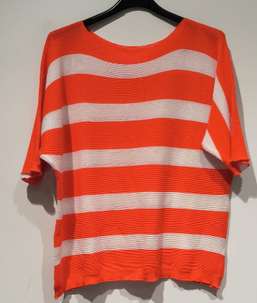 LOOWIE - Wholesale Knit Sweater - Women's -  POSTO Orange Striped Knit Printed Sweater LOOWIE   0