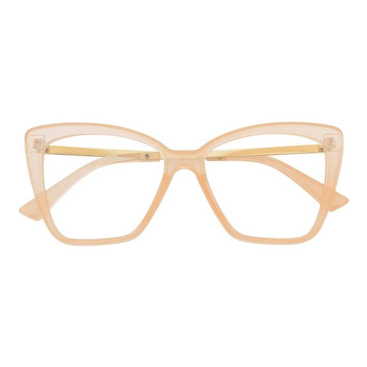 KATE - Occhiali da donna oversize a occhi di gatto con filtro luce blu, montatura trasparente color pesca, lente trasparente per la vendita all'ingrosso da parte di Morspecs