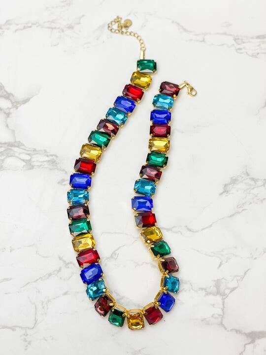 Iridescent Jewel Bib Necklace - Dark Multi for wholesale by Prep Obsessed Wholesale
