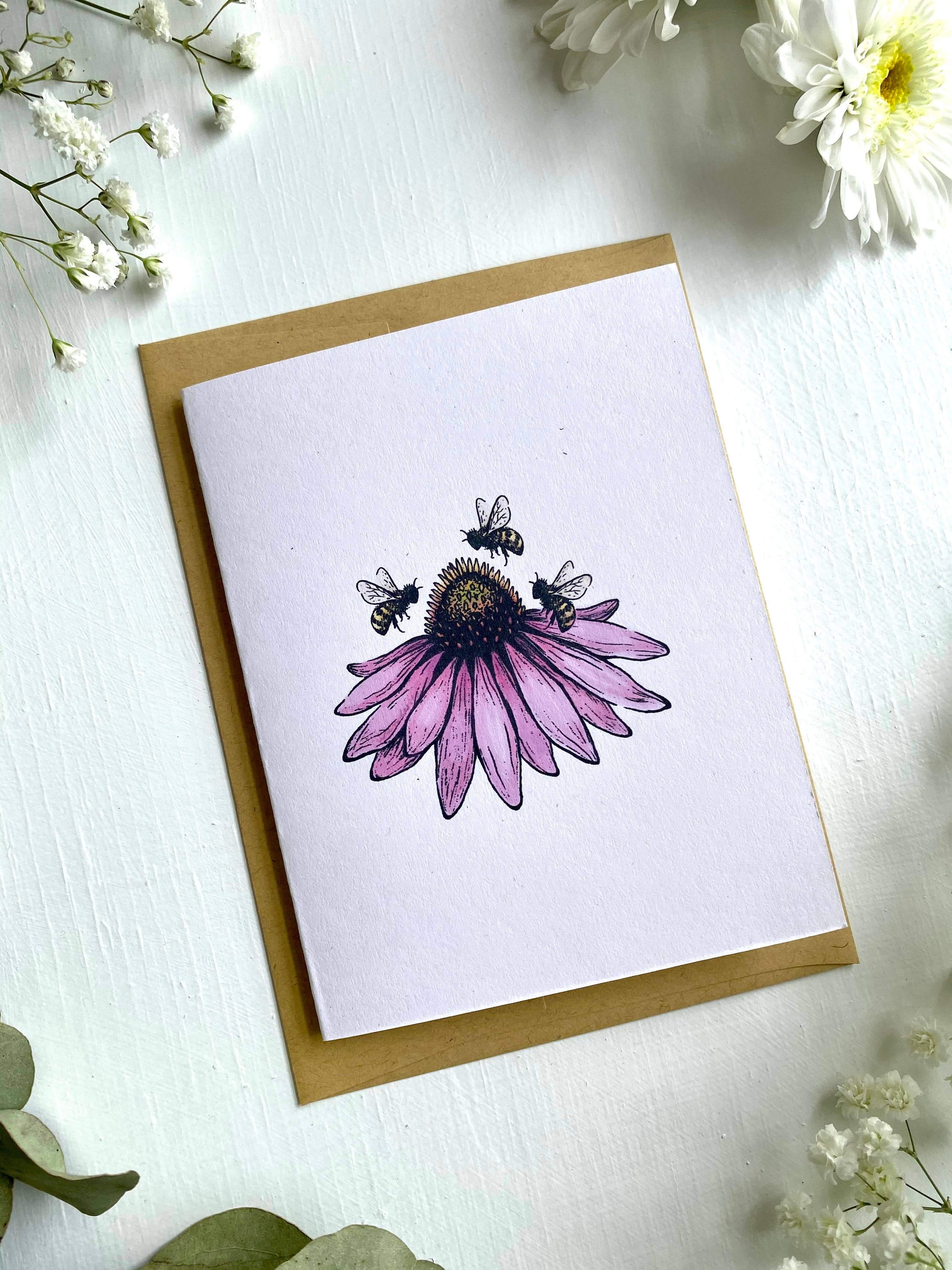 Wanderite - Wholesale Everyday Greeting Card - Echinacea + Bees Blank Card1