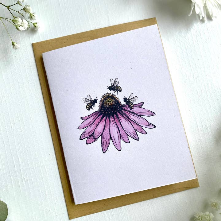 Wanderite - Vente Carte de vœux classique - Carte blanche Echinacea + Bees1