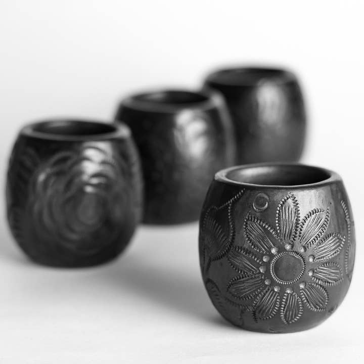 MEXTEQUIL - Wholesale Shot Glass - Black Clay Mexican Shot Glasses - Set of 4 - 2 Oz -Barrel